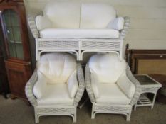 GOOD QUALITY BAMBOO AND WICKER FOUR-PIECE CONSERVATORY SUITE WITH CREAM CUSHIONS COMPRISING A TWO-