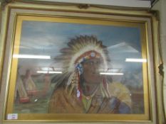 GOOD QUALITY PASTEL OF AN INDIAN CHIEF IN A GILT FRAME