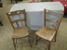 GREY PAINTED DROP LEAF TABLE ON CLAW AND BALL FEET TOGETHER WITH TWO CHAPEL TYPE CHAIRS WITH HARD