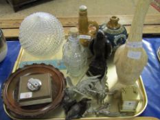 TRAY CONTAINING SILVER PLATED COCKEREL ORNAMENTS, LIGHT SHADES, MODEL OF A DUCK ETC