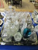 TWO TRAYS CONTAINING MIXED GLASS WARES, DECANTERS, VASE ETC