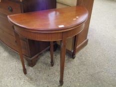 MAHOGANY FRAMED DEMI-LUNE FOLD-OVER TEA TABLE ON THREE TAPERING SQUARE SPADE FEET