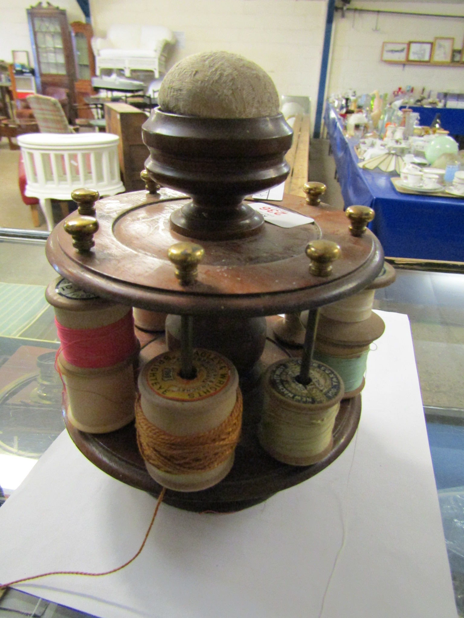 MAHOGANY FORMED COTTON REEL HOLDER WITH PIN CUSHION TOP