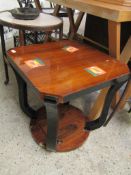 PINE AND EBONISED LACQUERED SQUARE FORMED SIDE TABLE WITH FOUR SHAPED EBONISED LEGS