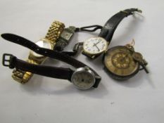 MIXED LOT: COMPRISING A SWISS SILVER CASED OPEN FACE KEY WIND CYLINDER FOB WATCH, TOGETHER WITH FOUR