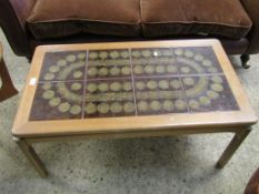 GOOD QUALITY RETRO TEAK FRAMED RECTANGULAR COFFEE TABLE WITH EIGHT TILED TOP ON SQUARE LEGS