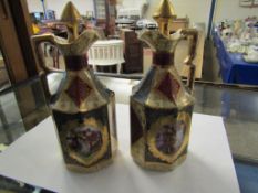 PAIR OF VIENNA VINEGAR BOTTLES WITH GILDING AND PAINTED PANELS