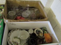 TWO BOXES OF MIXED CHINA WARES, MODERN GLASS WARES ETC (2)