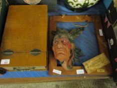 BOOK FORMED STORAGE BOX AND A WALL HANGING OF AN INDIAN CHIEF (2)