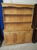 LARGE PINE DRESSER WITH THREE CUPBOARD DOORS