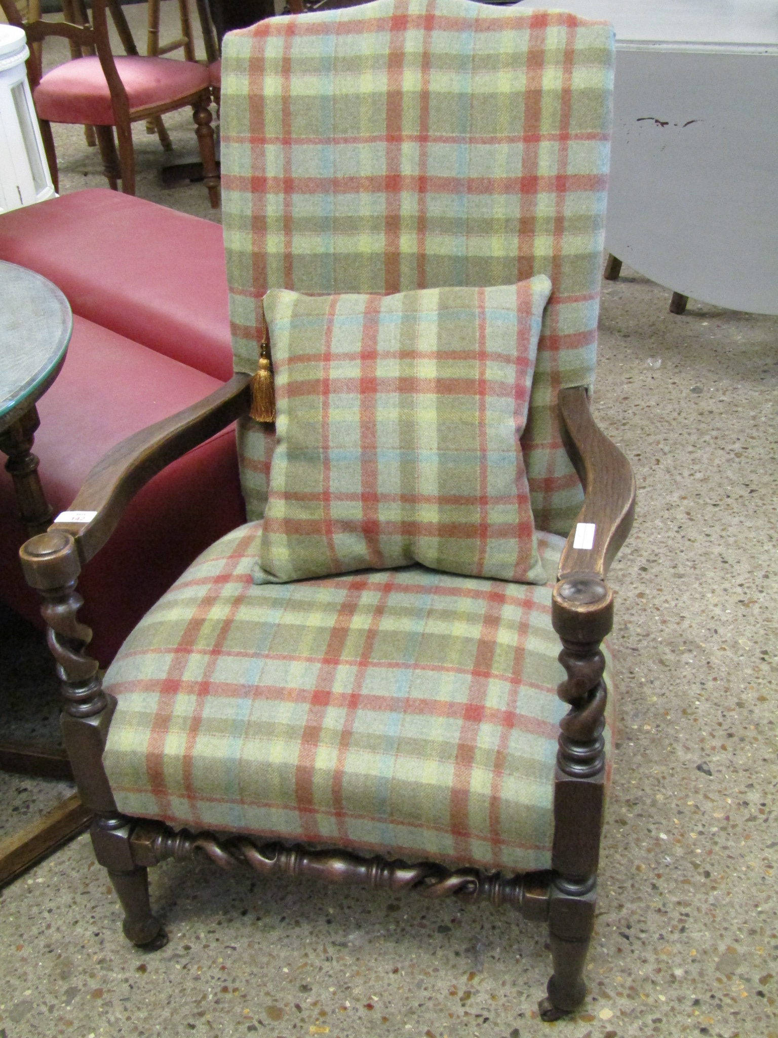 OAK FRAMED ARMCHAIR WITH TWISTED COLUMN SUPPORTS WITH TWEED UPHOLSTERY