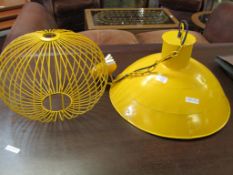 GOOD QUALITY MODERN YELLOW RIVETED CEILING LIGHT FITTING TOGETHER WITH A FURTHER WIRE WORK LIGHT