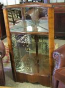 RETRO WALNUT CORNER CUPBOARD WITH MIRRORED BACK AND TWO SLIDING GLASS DOORS