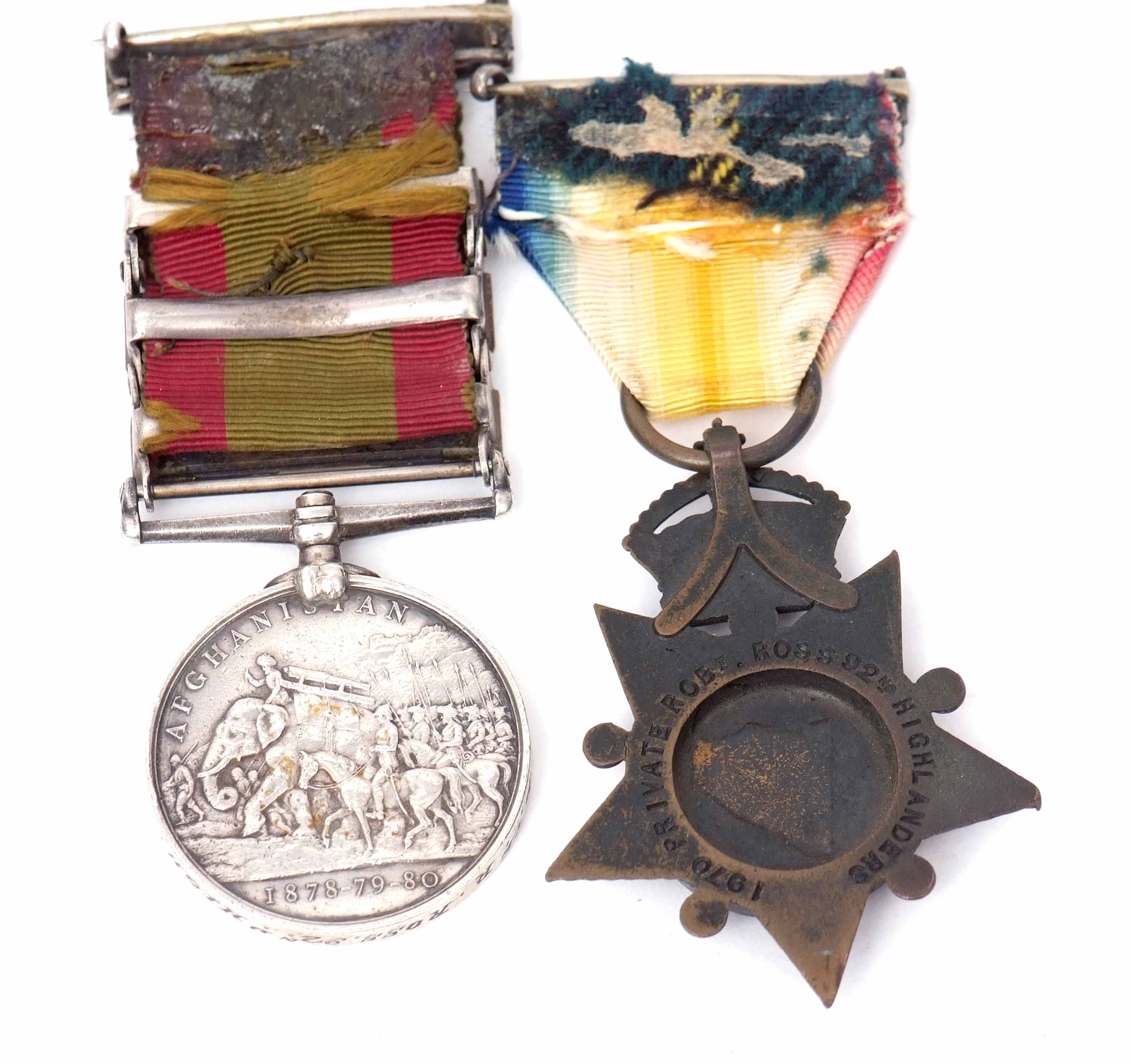 Victorian pair comprising Afghanistan medal 1881 with three clasps, Charasia, Kabul, Kandahar, - Image 2 of 2