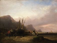 William Shayer (1788-1879) Coastal scene with fishing boats and fisher folk oil on canvas, signed