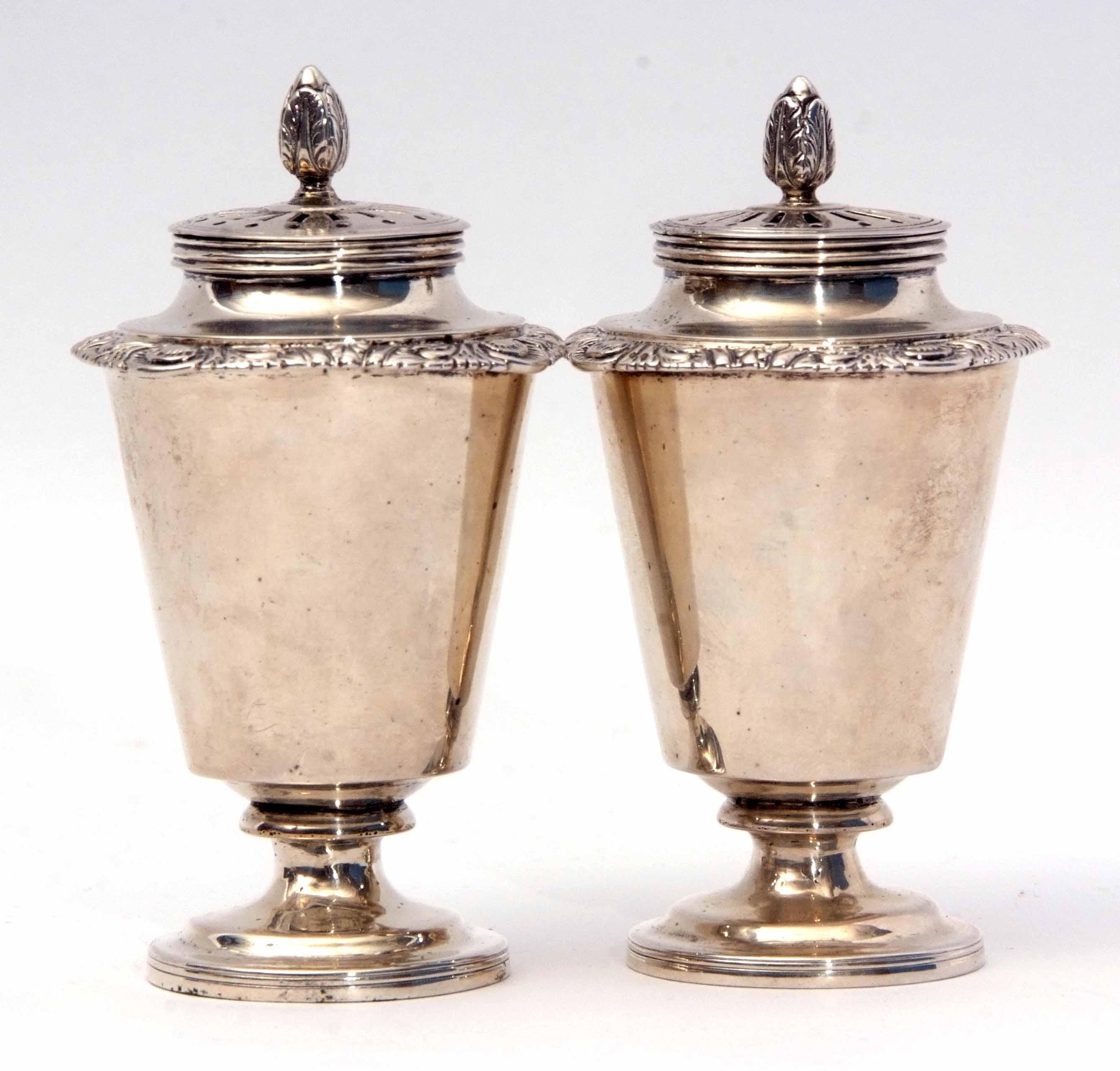 Two Indian colonial silver casters, each with pierced pull off covers and cast and applied finials - Image 3 of 4
