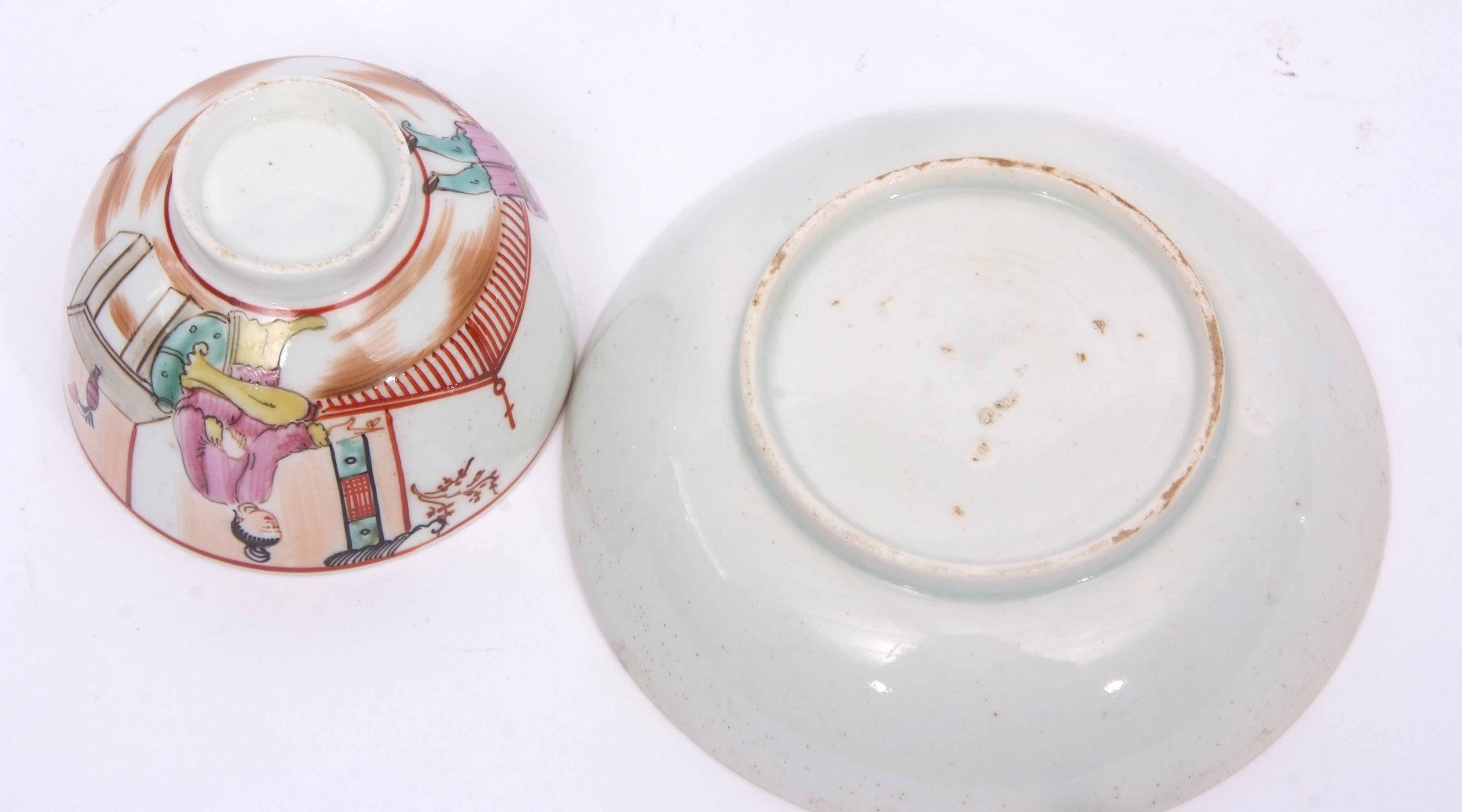 Lowestoft porcelain tea bowl and saucer circa 1775, with a chinoiserie design within pink cellular - Image 4 of 4