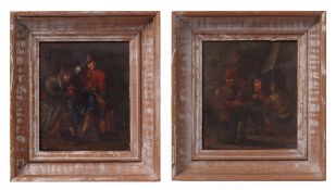 Follower of David Tenniers (18th century) Merrymaking scenes pair of oils on panel 16 x 14cms (2)