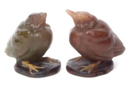 Pair of glass paperweights modelled by Almeric Walter as fledglings seated on flat bases, incised