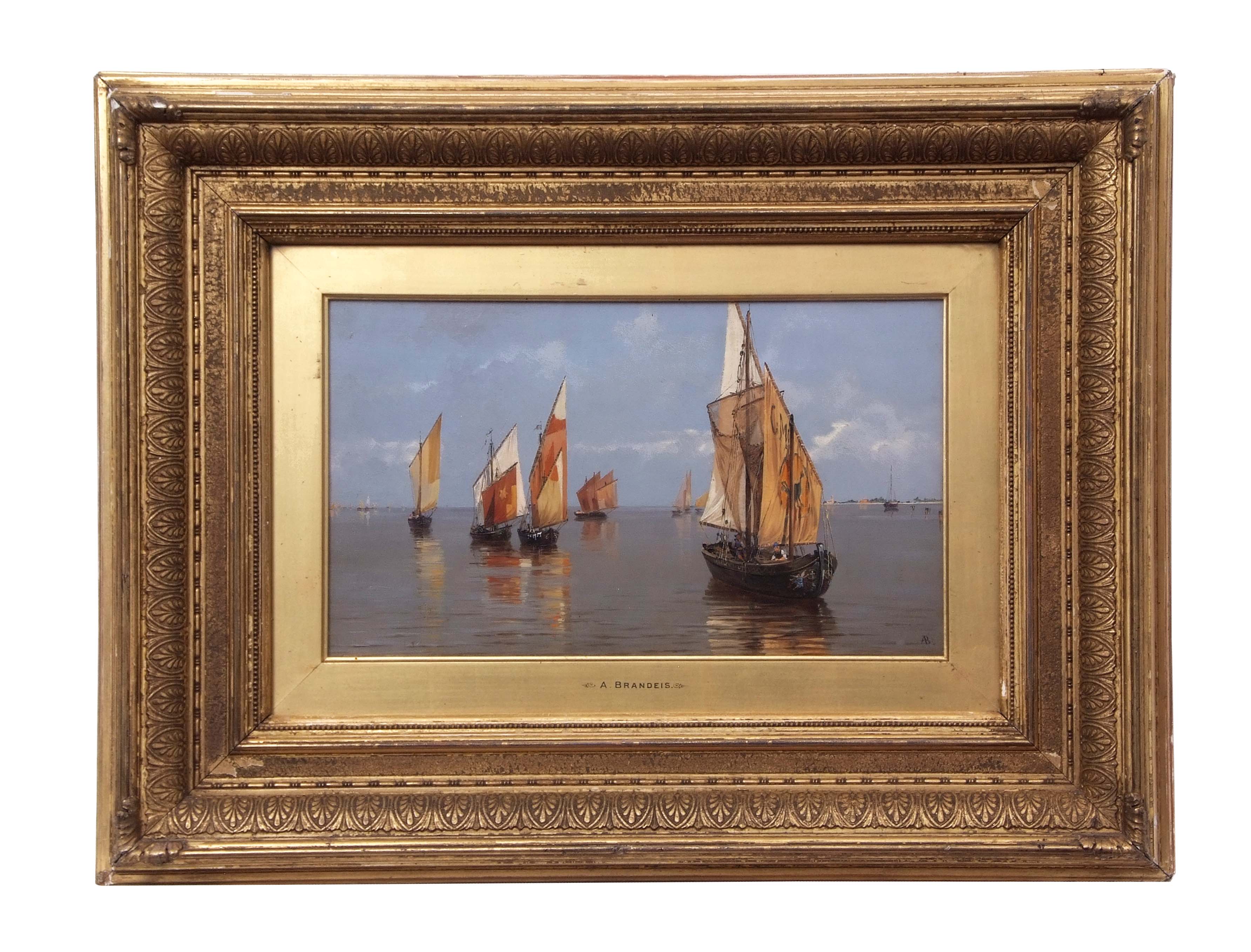 Antonietta Brandeis, Venetian boats, oil on panel, monogrammed lower right, 21 x 36cm