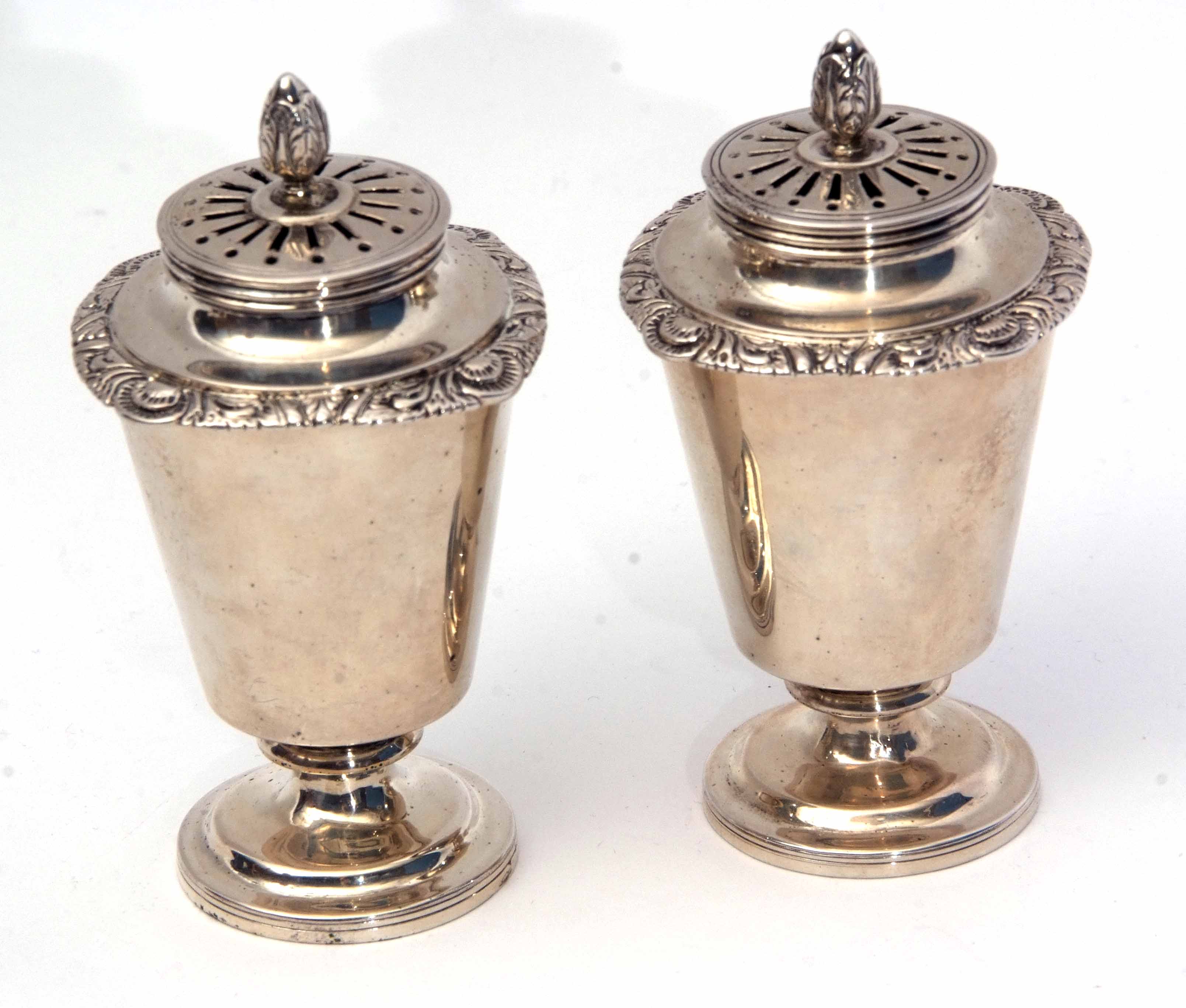 Two Indian colonial silver casters, each with pierced pull off covers and cast and applied finials - Image 2 of 4