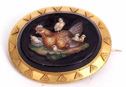 Antique oval micro-mosaic brooch, circa 1840/50, of a mother hen with chicks, mounted in a high