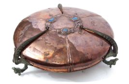 Arts & Crafts period circular copper light fitting inset with three enamelled panels and embossed