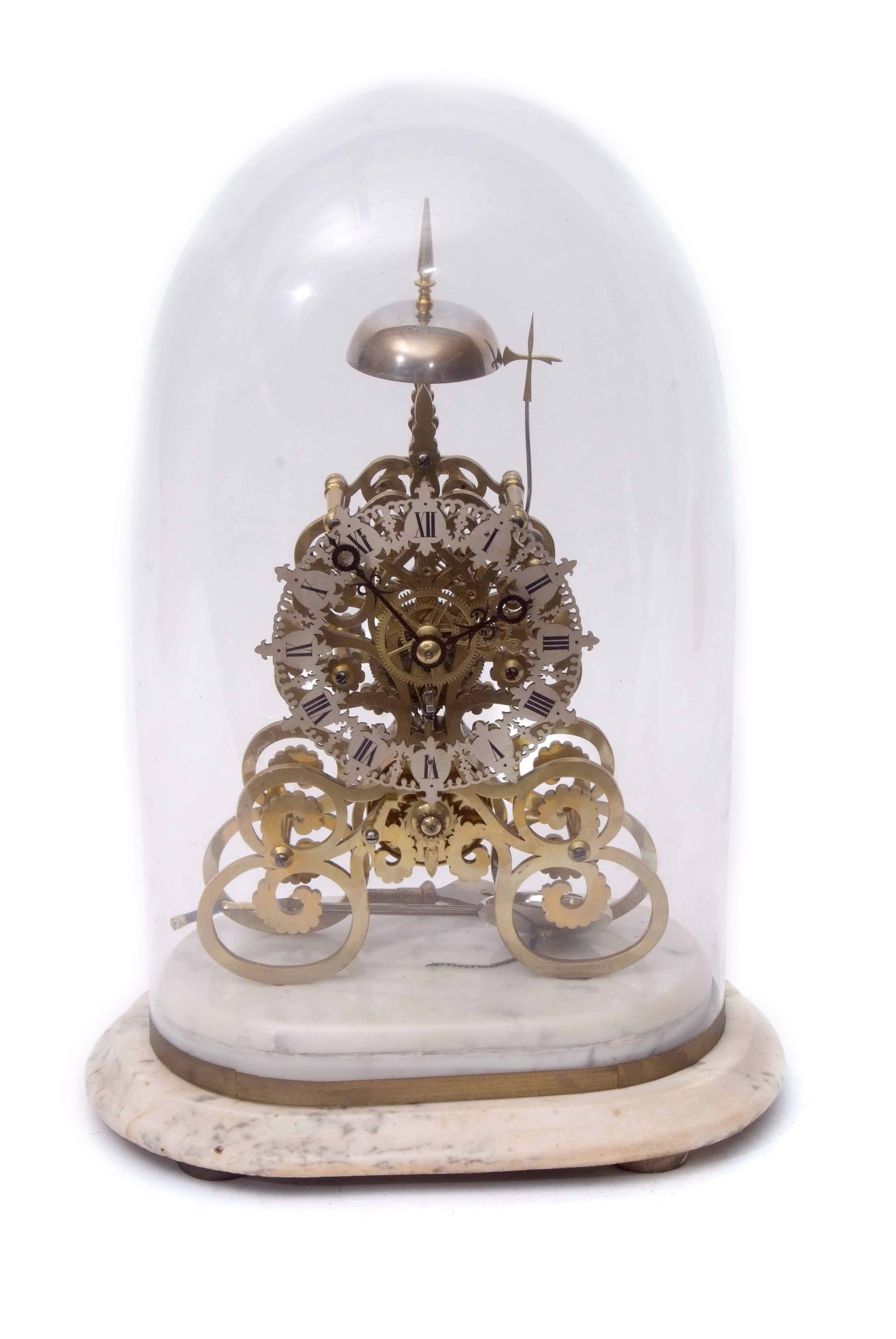 Late 19th century single chain fusee skeleton clock, the whole raised on a variegated white marble