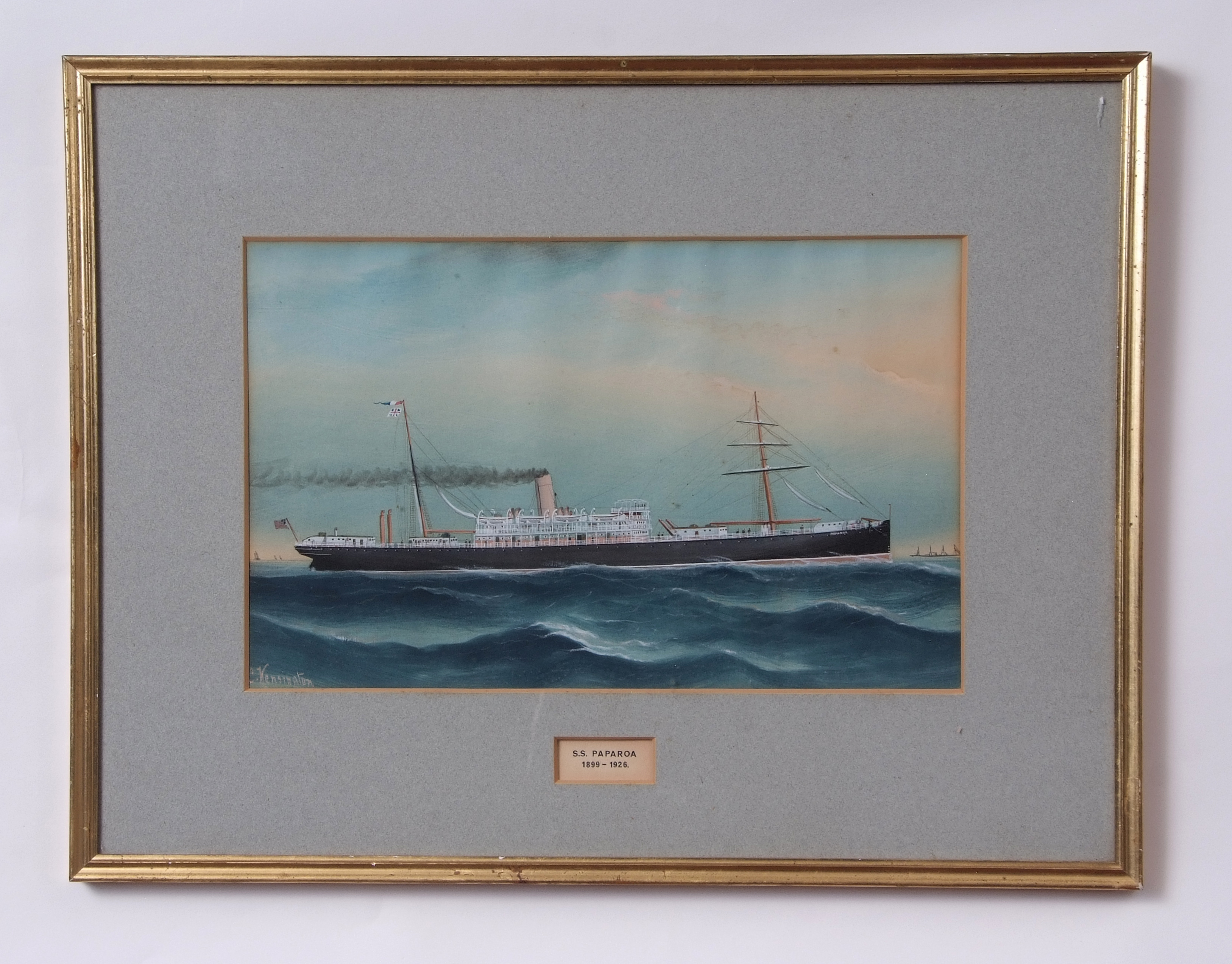 Charles Kensington (act 1884-1920), "SS Paparoa (1899-1926)", gouache, signed lower left, 25 x 40cm - Image 2 of 2