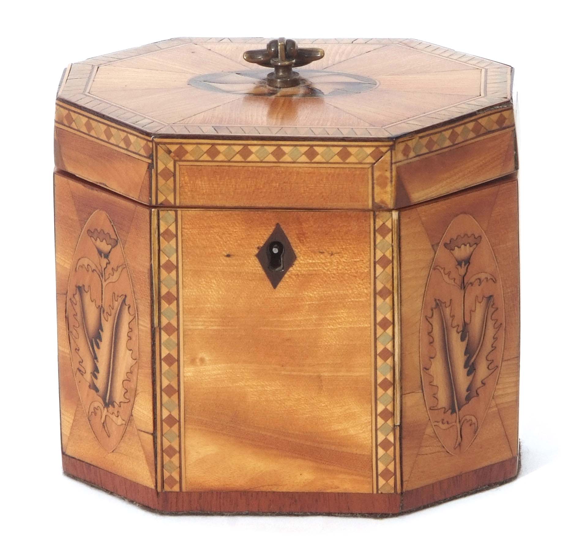 Sheraton style satinwood tea caddy of octagonal form, the interior with single compartment, inlaid