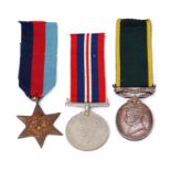 WWII group of three comprising 39-45 Star, War Medal and Efficiency Medal, George VI, with militia