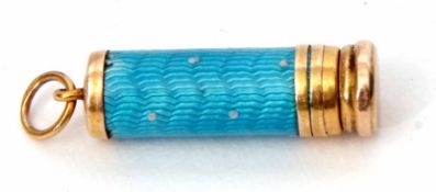 Enamel and 15ct pencil holder, a turquoise blue guilloche enamel with white dot enamel detail,
