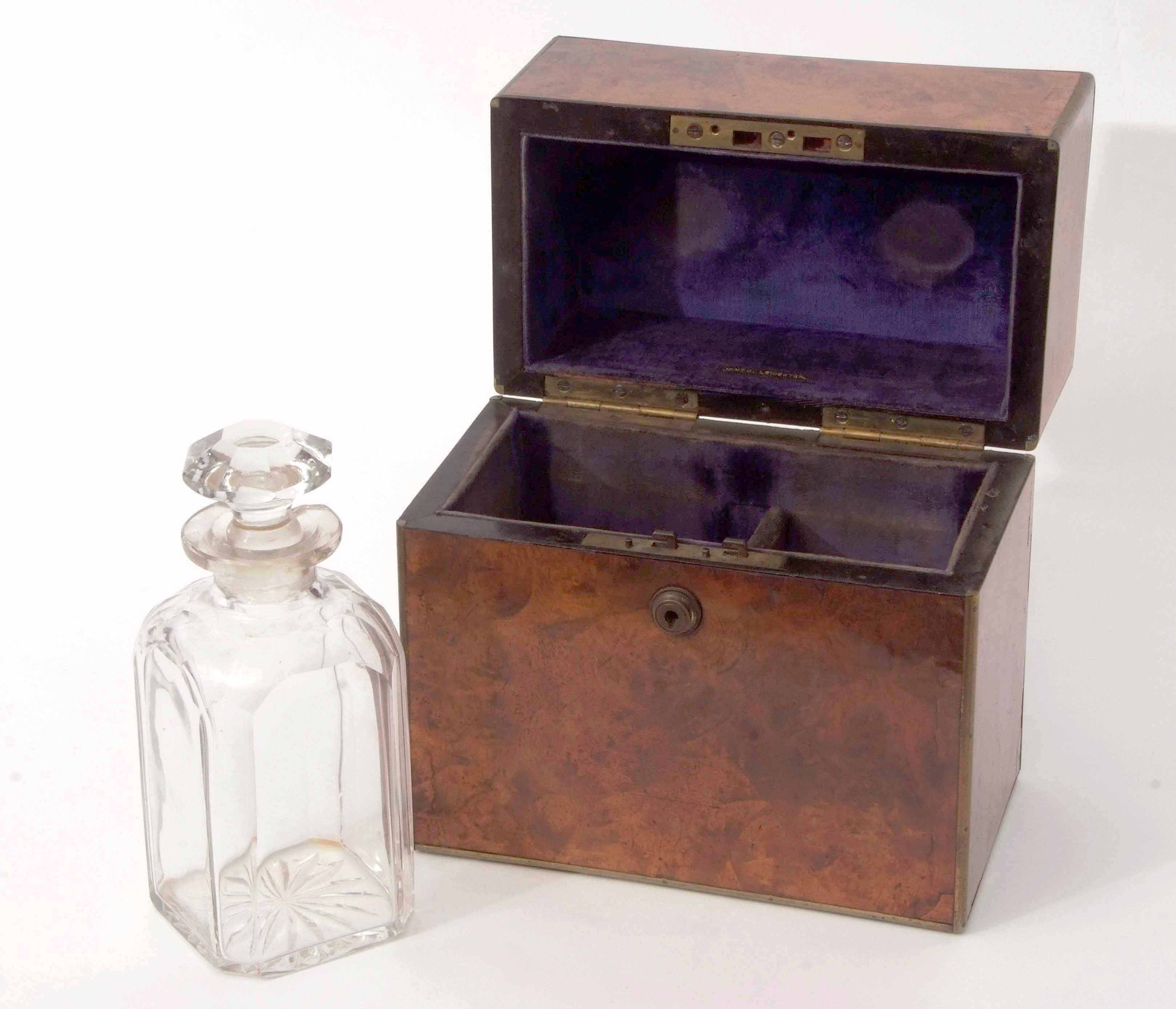 19th century burr walnut decanter box, brass bound throughout and the lifting lid with vacant - Image 5 of 5