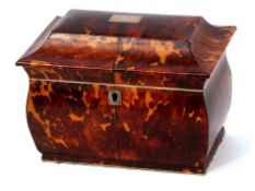 Tortoiseshell tea caddy, the sarcophagus top enclosing a fitted interior with two compartments (
