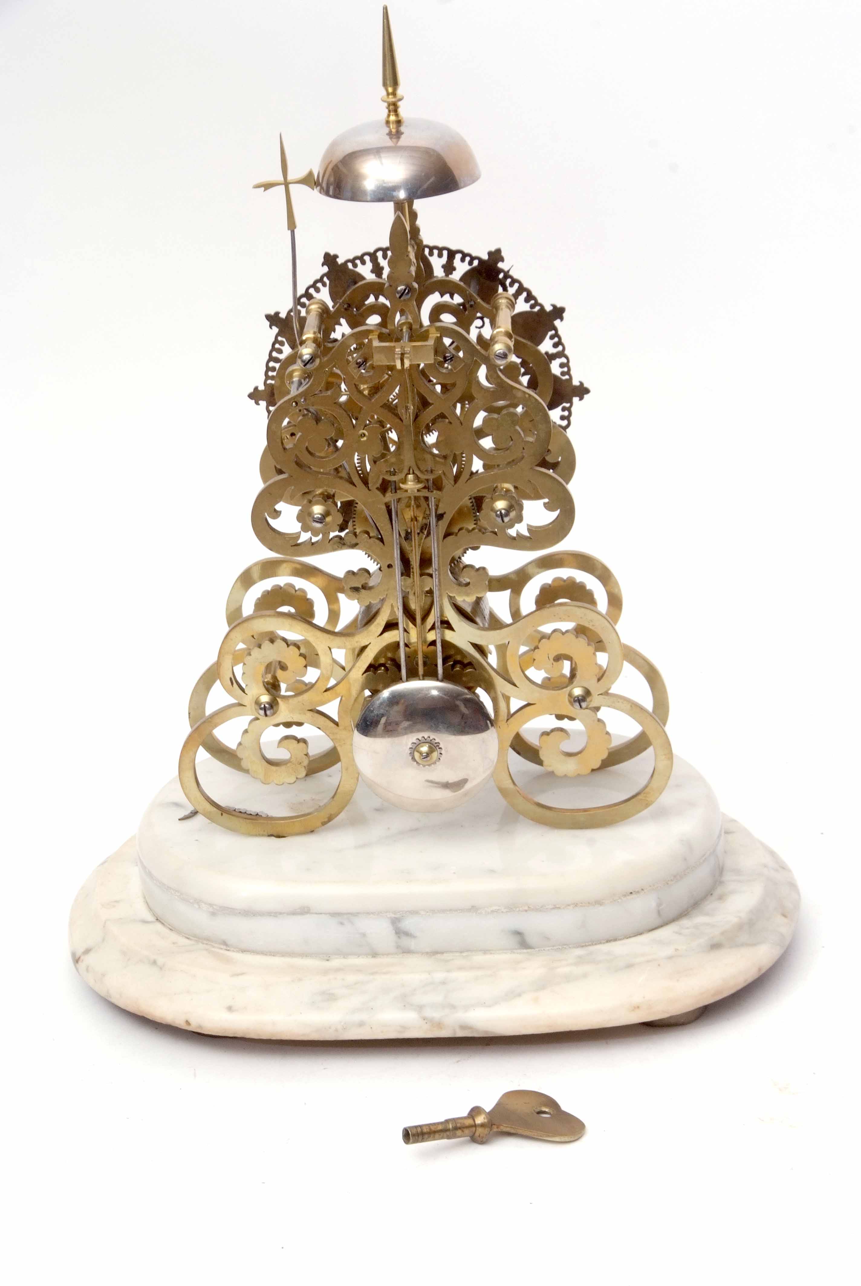 Late 19th century single chain fusee skeleton clock, the whole raised on a variegated white marble - Image 3 of 3