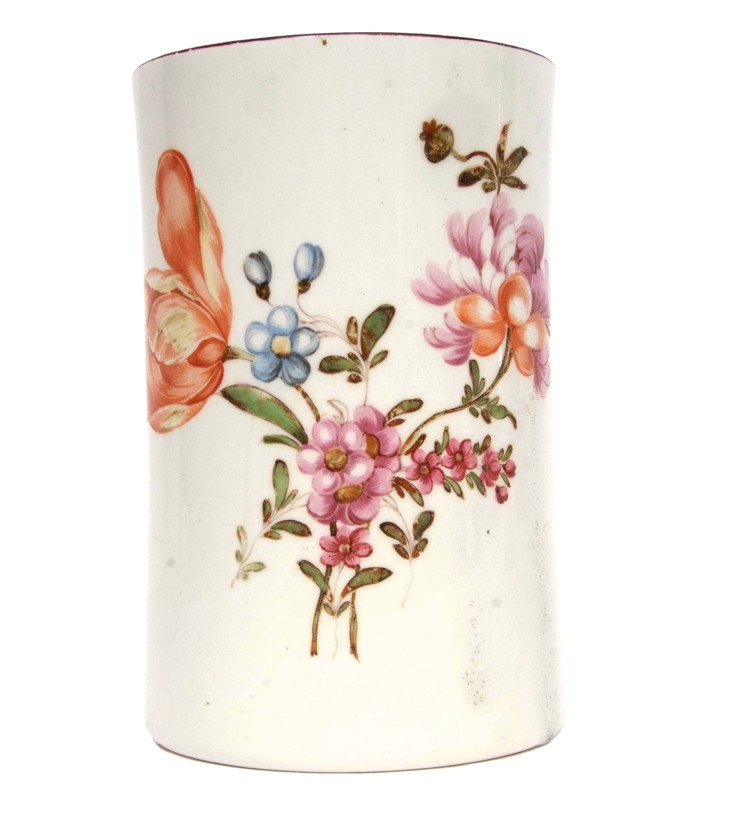 Fine Lowestoft cylindrical mug painted by the Tulip painter, circa 1775, with scroll handle