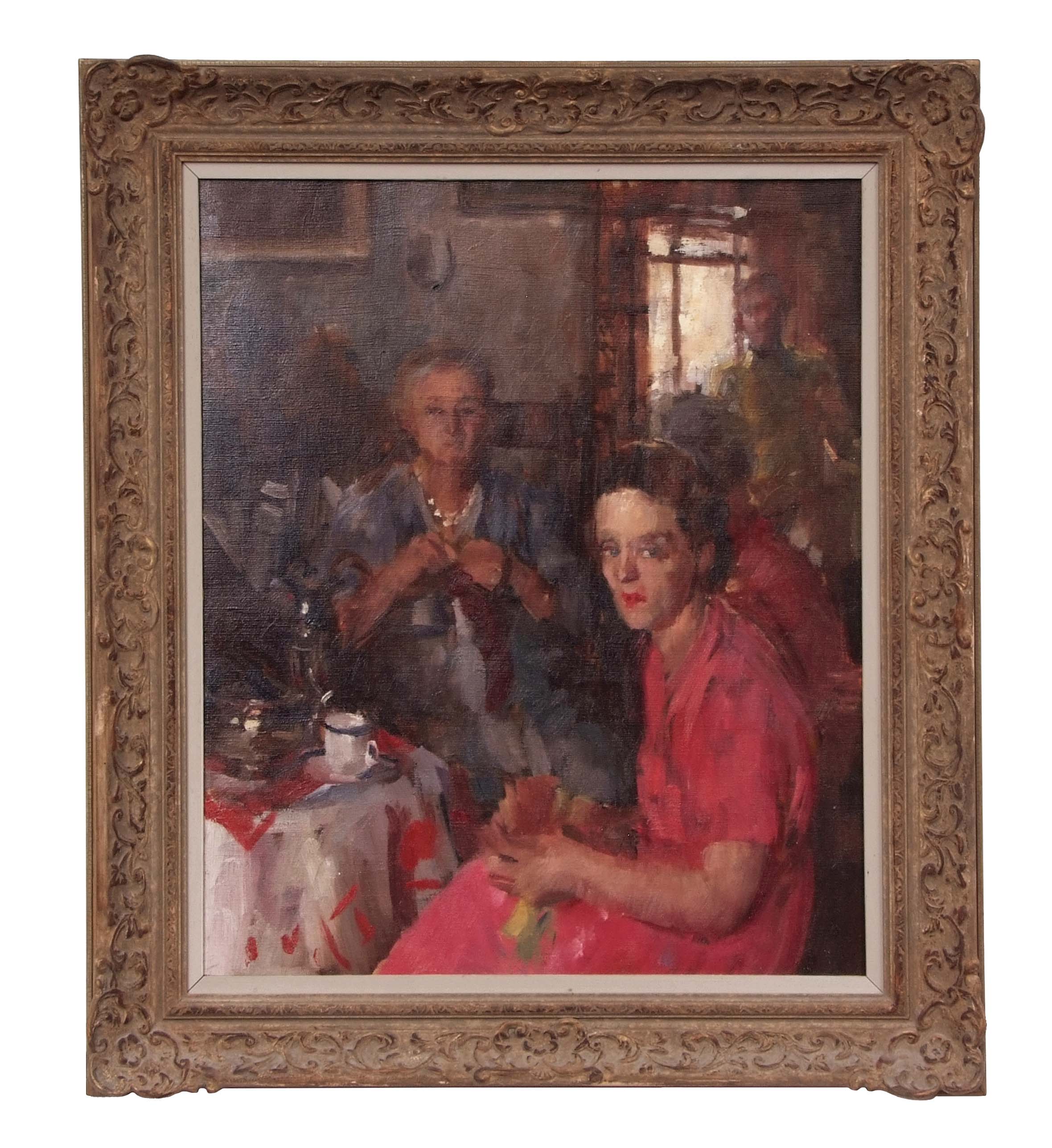 AR Patrick Lambert Larking, RP, ROI, NS (1907-1981) "Mother and daughter at tea", oil on canvas,