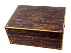 19th century coromandel vanity box, the lid applied with central brass floral monogram, crested with