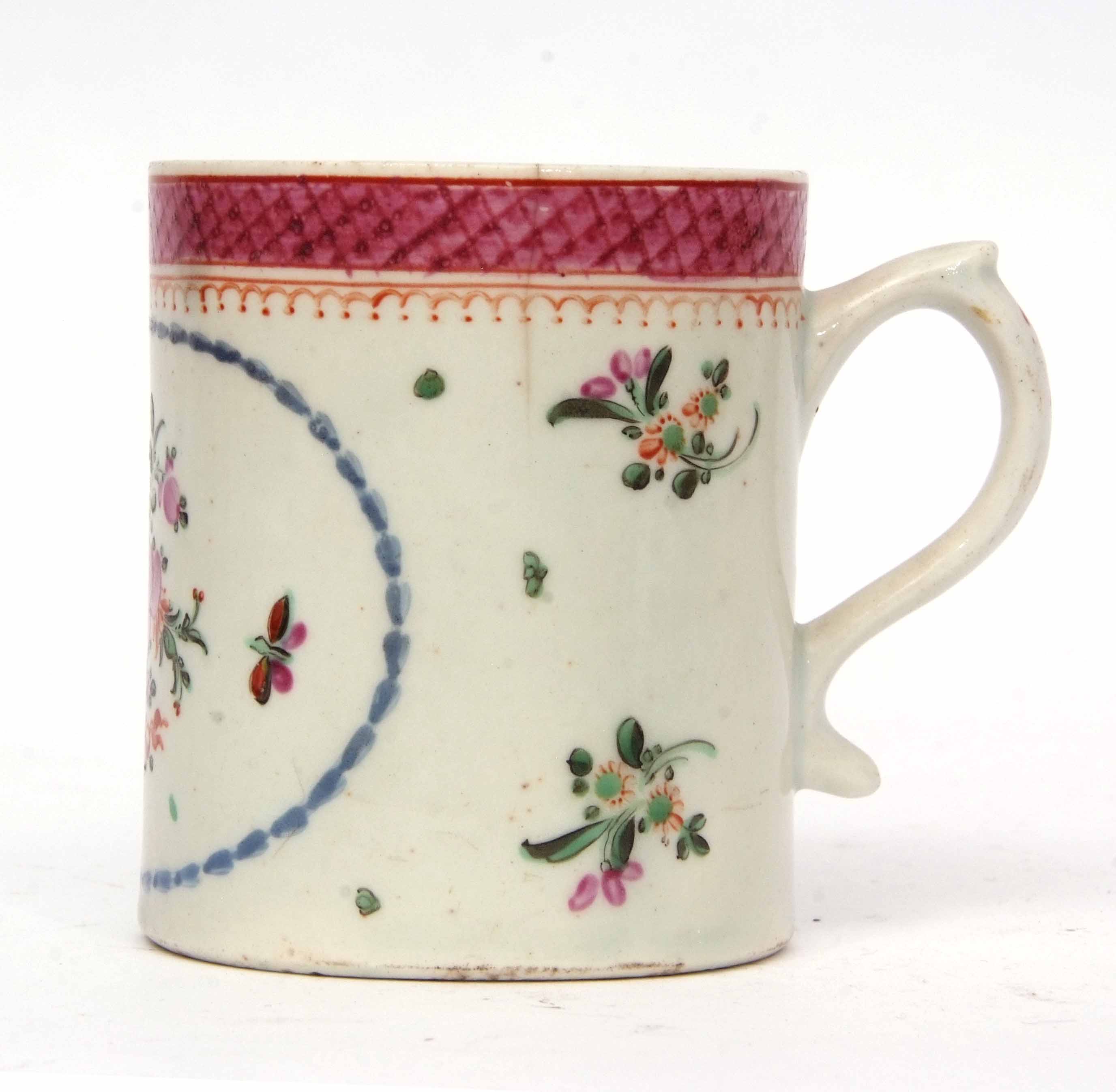 Lowestoft small polychrome mug with pip handle, the centre with a floral spray within a blue - Image 2 of 5