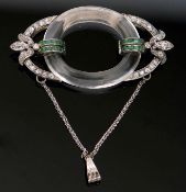 Art Deco rock crystal emerald and diamond brooch, circa 1925, the oval shaped open work brooch, with