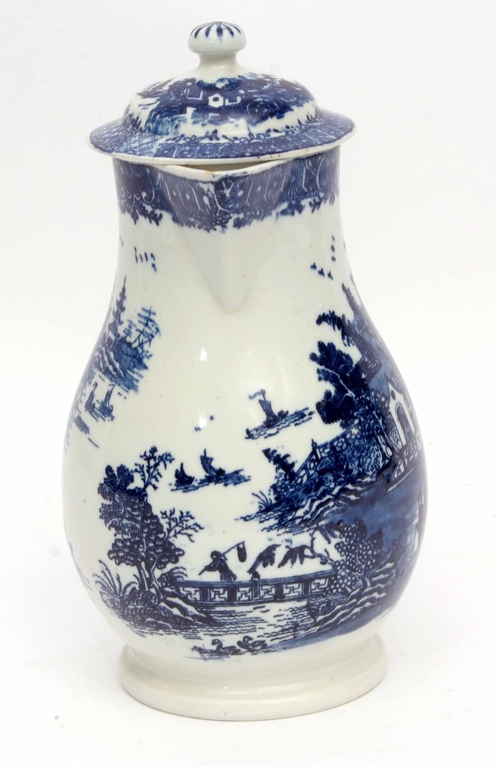 Lowestoft coffee pot and cover, circa 1780, decorated with a printed design of a pagoda and - Image 2 of 5