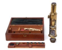 Mid-19th century mahogany cased drum microscope, unsigned, of typical lacquered brass construction