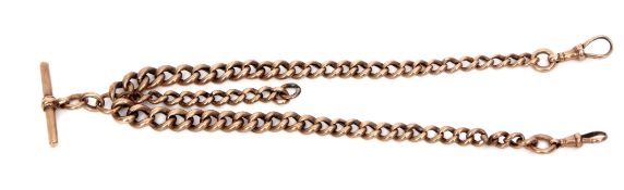 Late 19th century 9ct gold graduated and hollow curb link watch chain set with two swivels and fixed