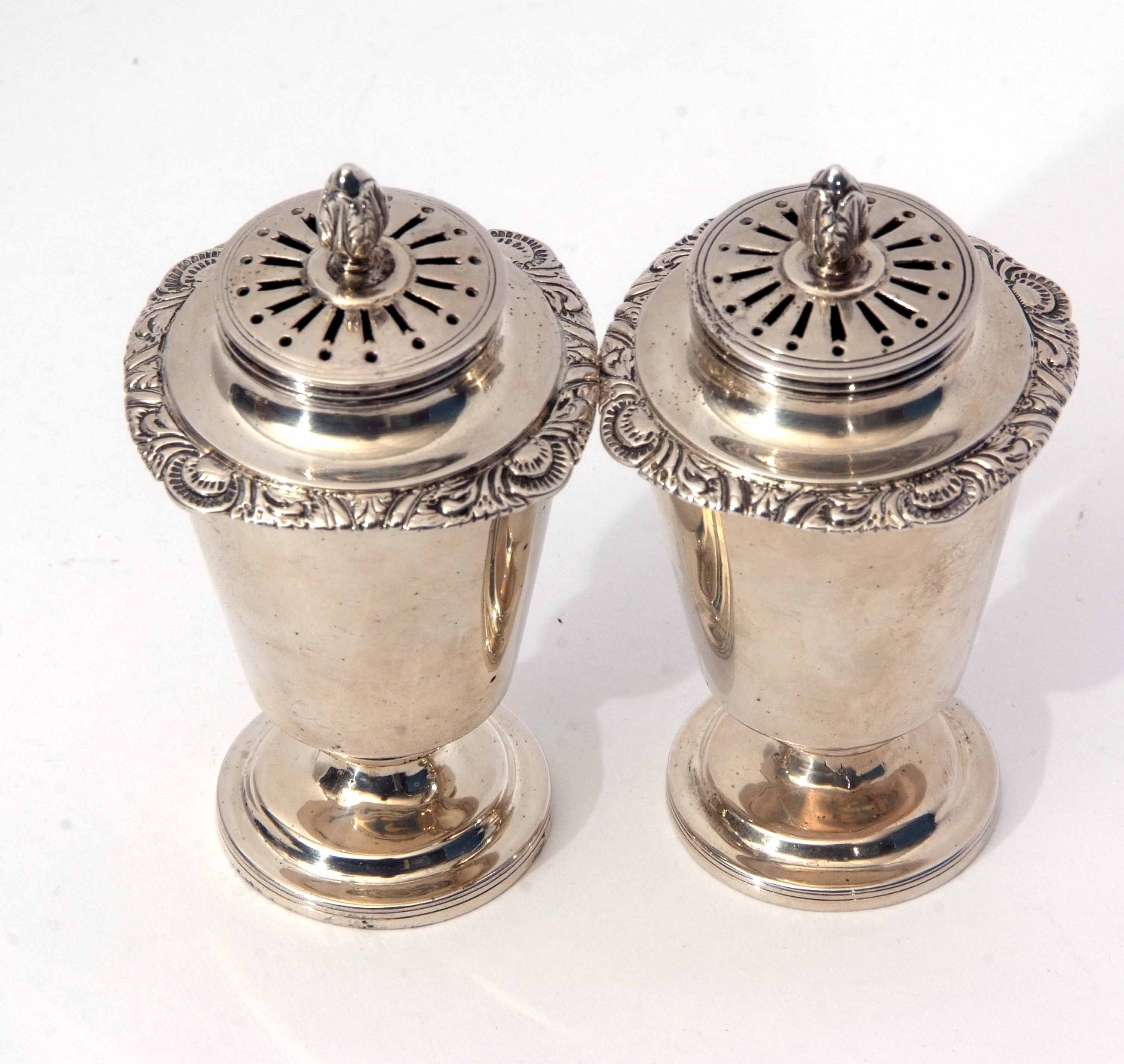 Two Indian colonial silver casters, each with pierced pull off covers and cast and applied finials - Image 4 of 4