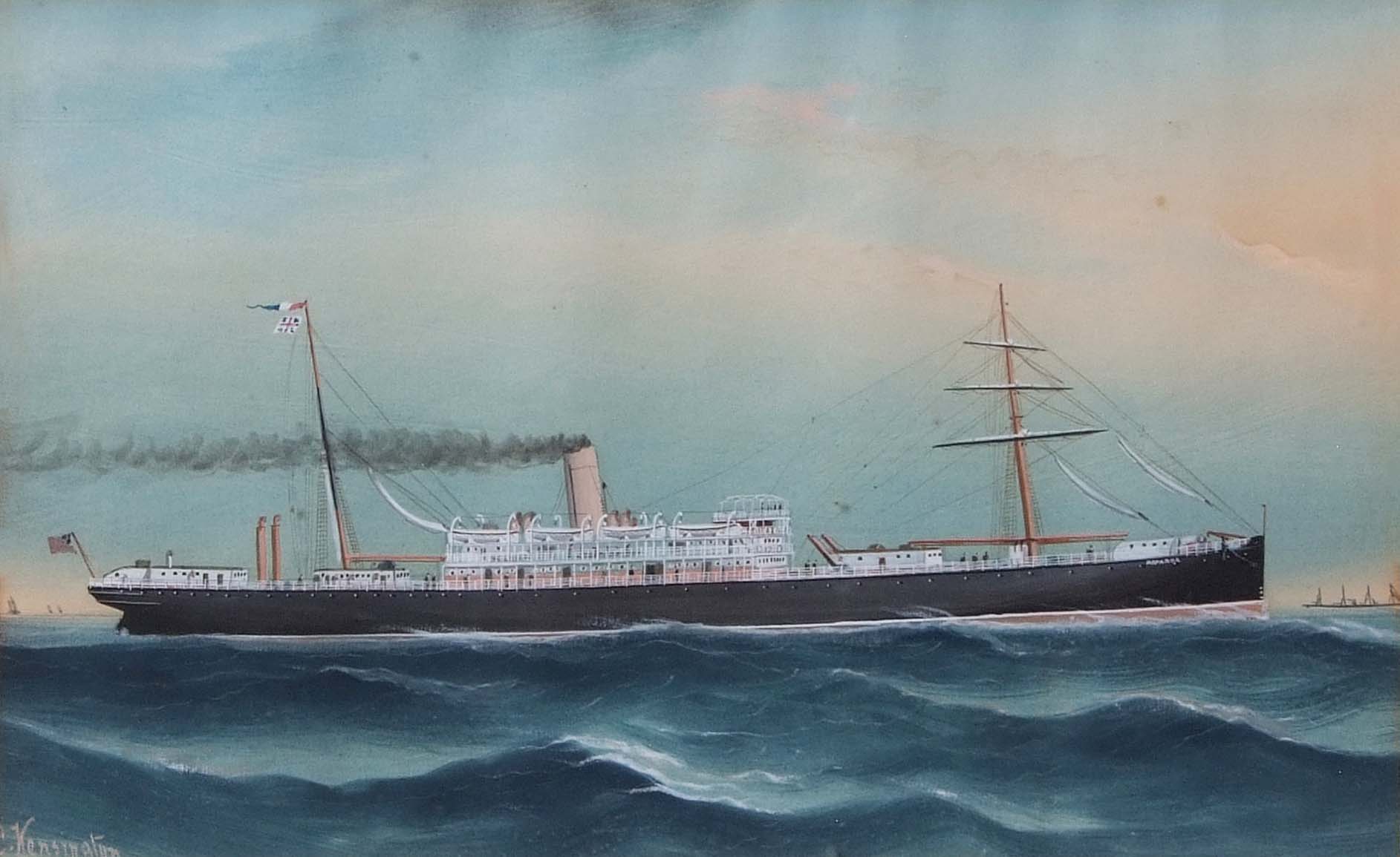 Charles Kensington (act 1884-1920), "SS Paparoa (1899-1926)", gouache, signed lower left, 25 x 40cm