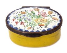 19th century South Staffordshire enamel snuff box of oval form, the hinged cover with mid-blue