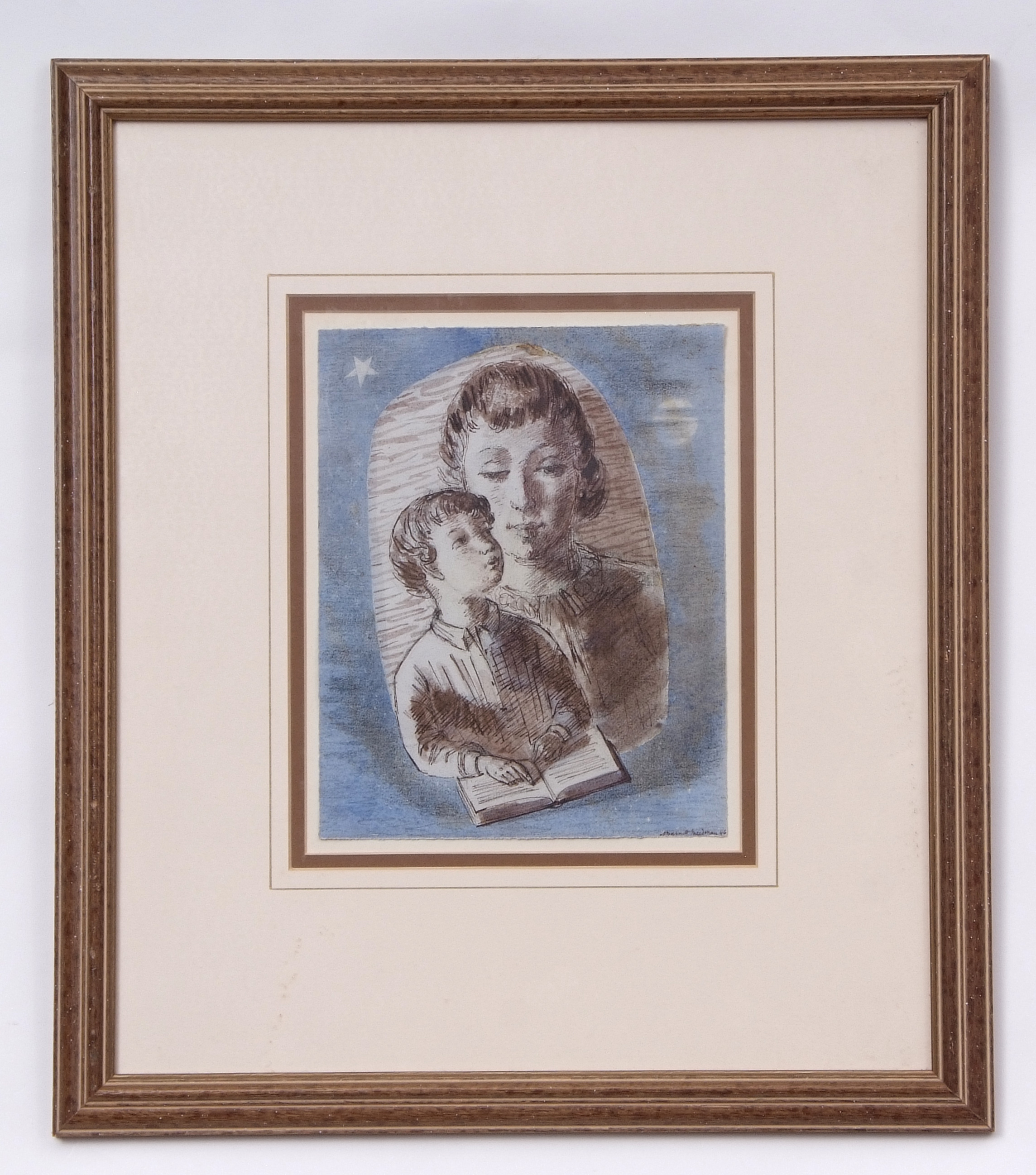 AR Barnett Freedman (1901-1958), Mother and child with book, pen, ink and watercolour, signed and - Image 2 of 2