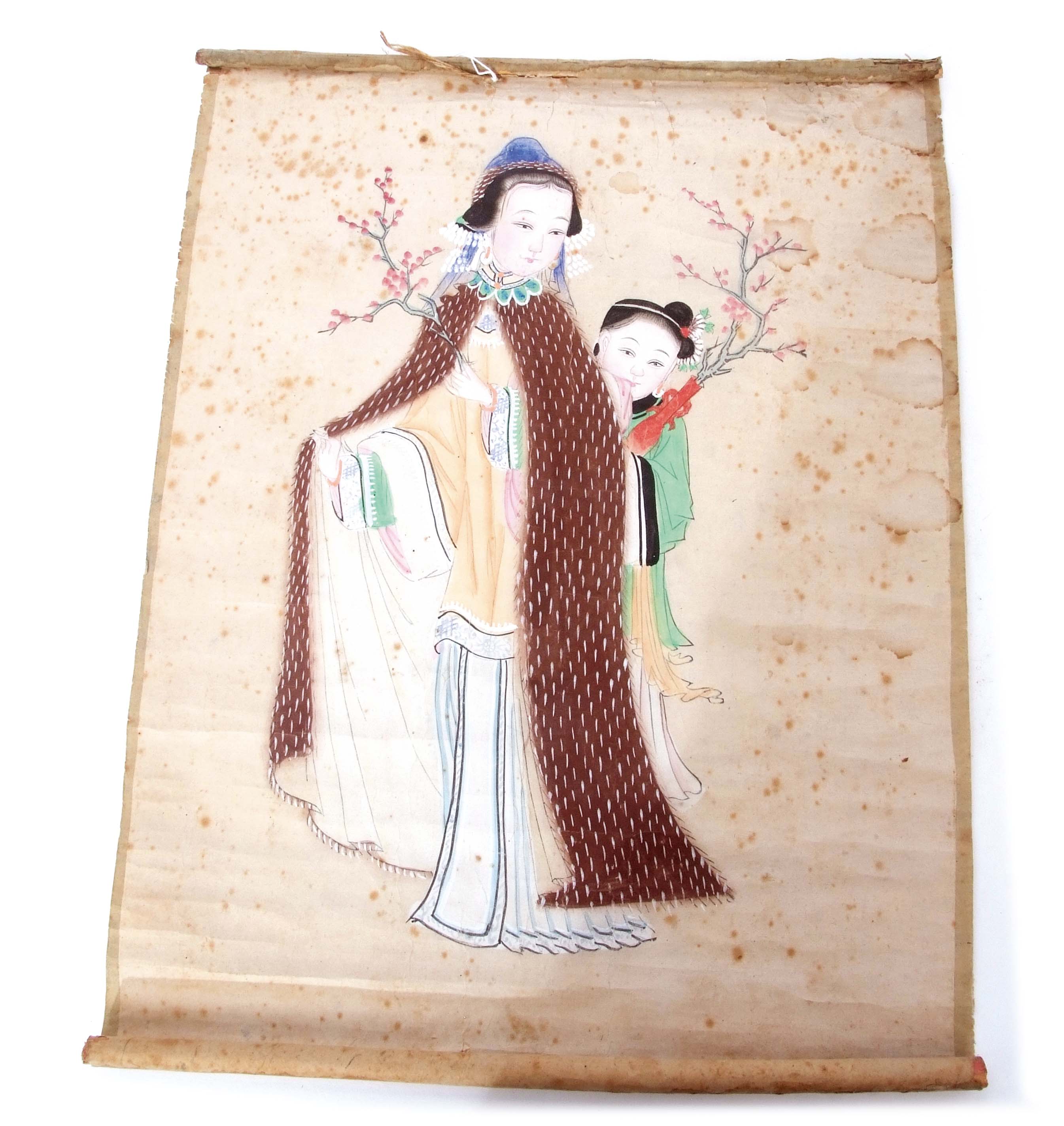 Chinese scroll watercolour finely painted with a lady and child in a garden setting, 44cm long,