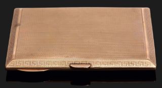 9ct gold Art Deco cigarette case having engine turned decoration front and back, push button