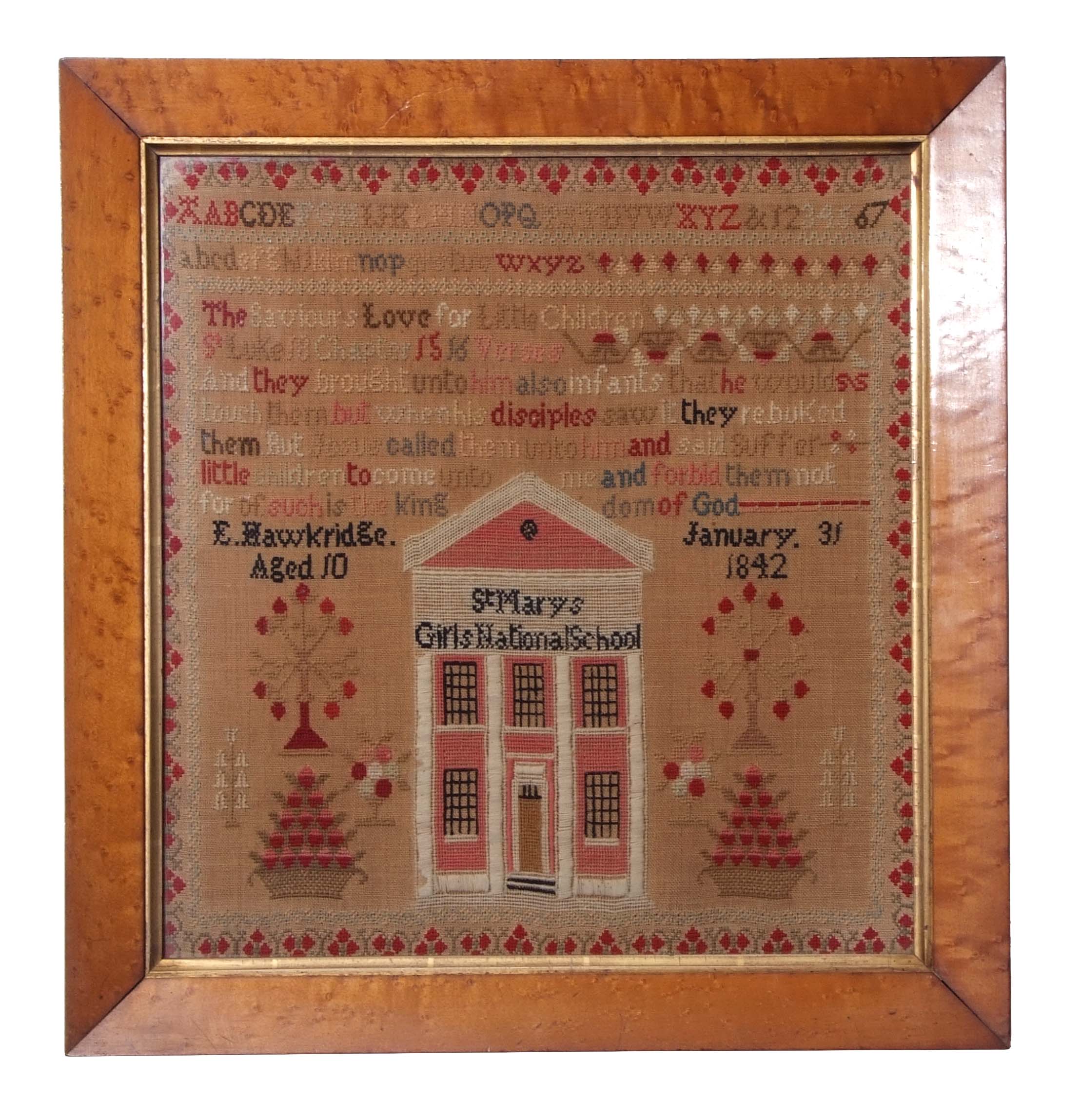 Victorian sampler depicting St Mary's Girl's National School and also decorated with alphabet and